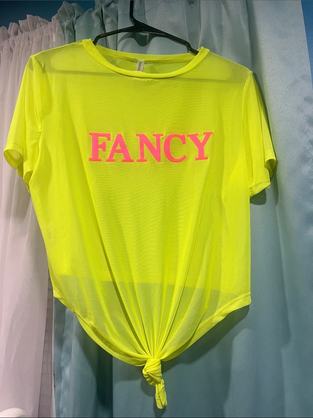 Chocolate Neon Yellow Mesh 'FANCY' Tie-Front Tee